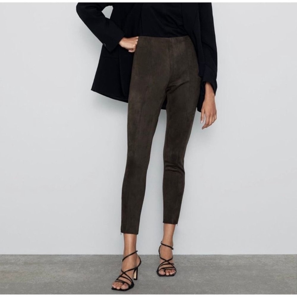 Zara EUC High Waist Faux Suede Leggings Pants Size XL Side Split Brown
